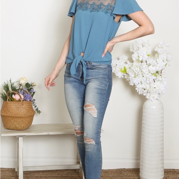 New Teal Lace Detail tie knot front top option - Picture 3 of 4